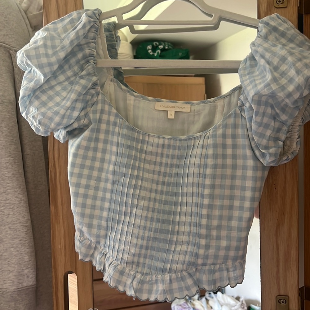 Blue and white checkered Loveshackfancy top
